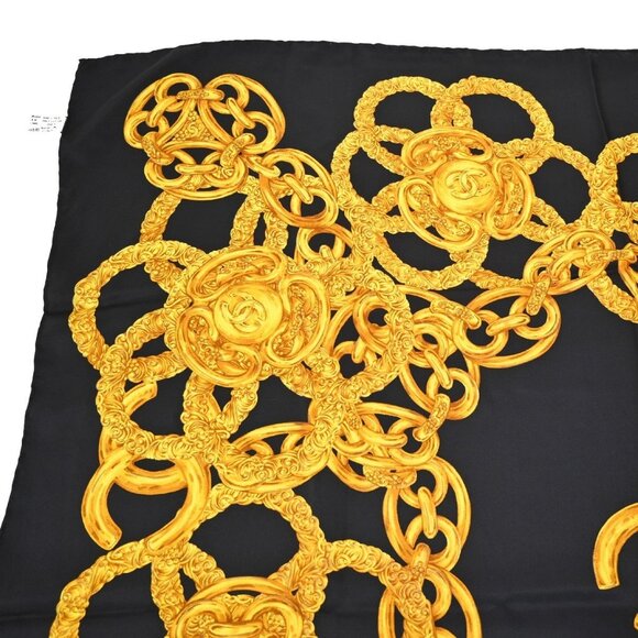 CHANEL CC Logo XL 96cm Scarf Handkerchief 100% Silk Black Italy - Picture 5 of 6